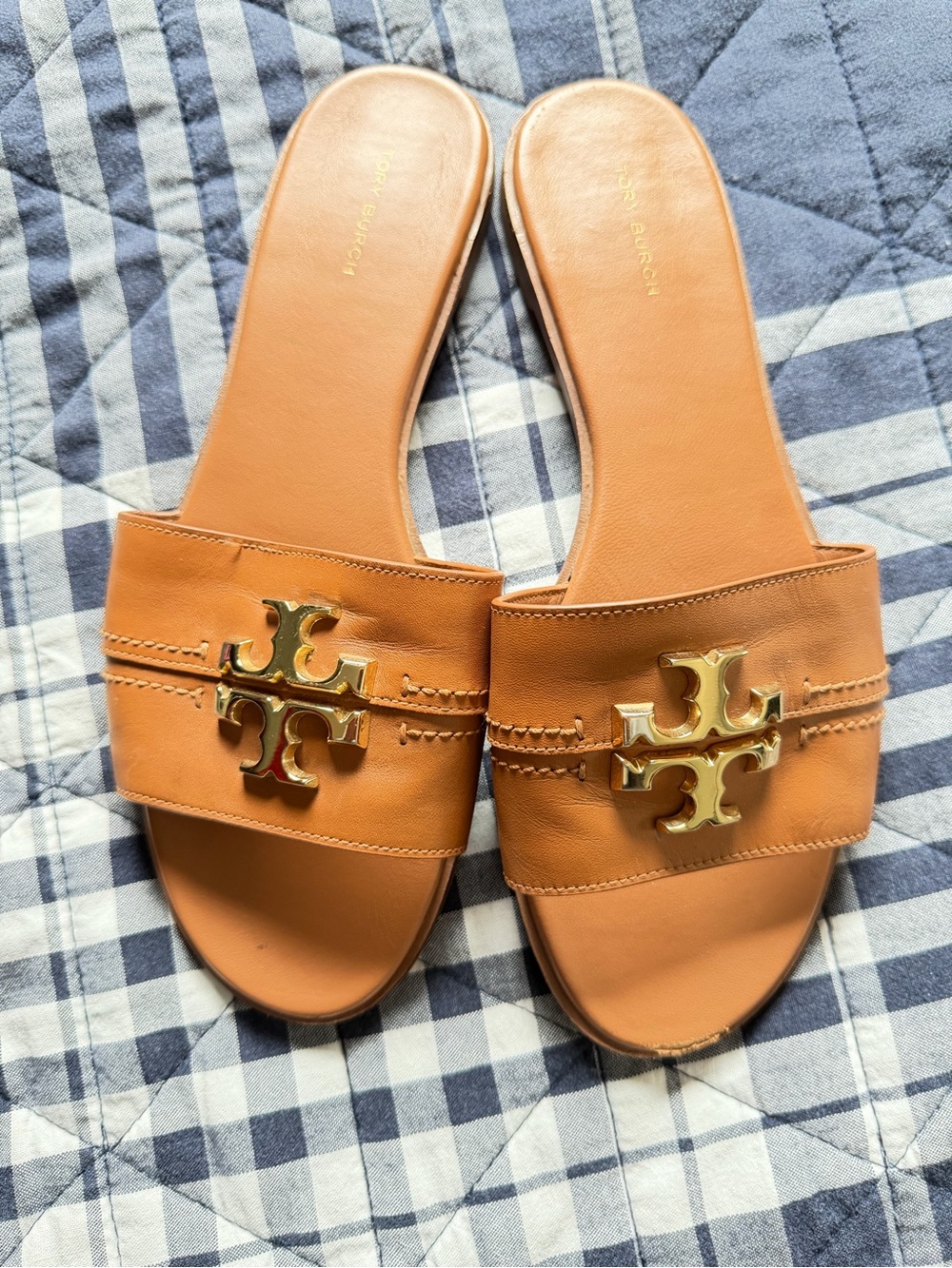 Tory Burch Cognac Leather Slide Sandals with Gold Logo Emblem